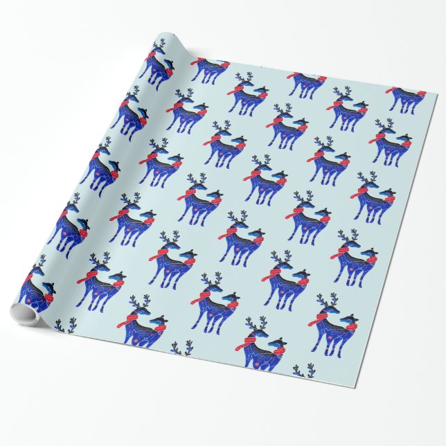 Blue Nordic Christmas Reindeer Pair Pattern Wrapping Paper (Unrolled)