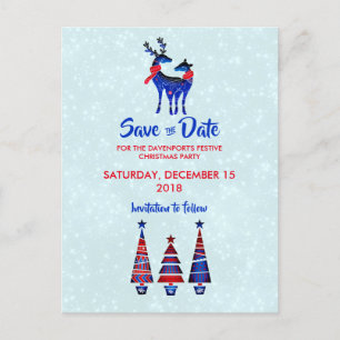 Blue Nordic Christmas Reindeer Pair Save The Date Postcard