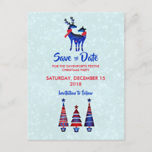 Blue Nordic Christmas Reindeer Pair Save The Date Postcard
