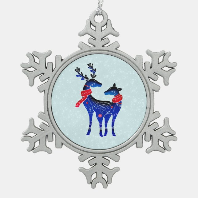 Blue Nordic Christmas Reindeer Pair Snowflake Pewter Christmas Ornament (Front)