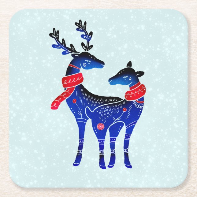 Blue Nordic Christmas Reindeer Pair Square Paper Coaster (Front)
