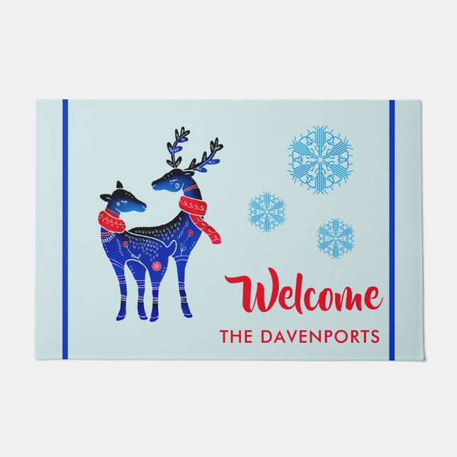 Blue Nordic Christmas Reindeer Pair Welcome Doormat (Front)