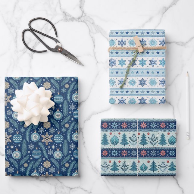 Blue Nordic Christmas Wrapping Paper Sheets (Front)