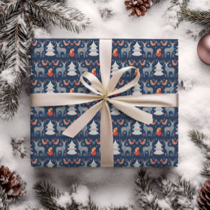 Blue Nordic Deer Christmas Tree Floral Holiday  Wrapping Paper