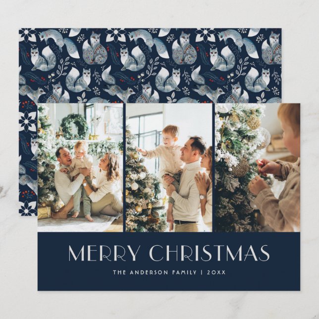 Blue Nordic Fox Photo Collage Merry Christmas Holiday Card (Front/Back)