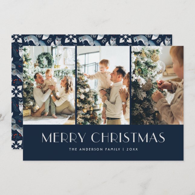 Blue Nordic Fox Photo Collage Merry Christmas Holiday Card (Front/Back)