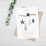 Blue nordic stars gnome business Christmas Holiday Card<br><div class="desc">White background,  brown wood,  and blue and white Christmas decor.  Blue and white stars,  and a blue gnome woman.  Merry Christmas written with a trendy handlettered style script. 

Back: add your message and business logo.</div>