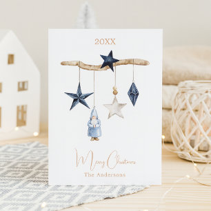Blue nordic stars gnome wood Christmas Holiday Card