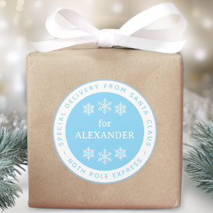 Blue North Pole Special Delivery from Santa Name Classic Round Sticker