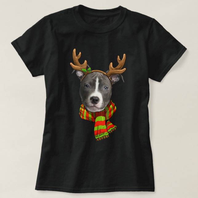 Blue Nose Pitbull Dog xmass Reindeer Christmas Lig T-Shirt (Design Front)