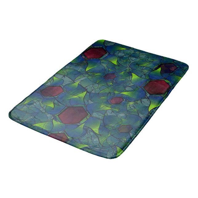 Blue notched virtual petals, leafy and red hexagon bath mat (Angled)