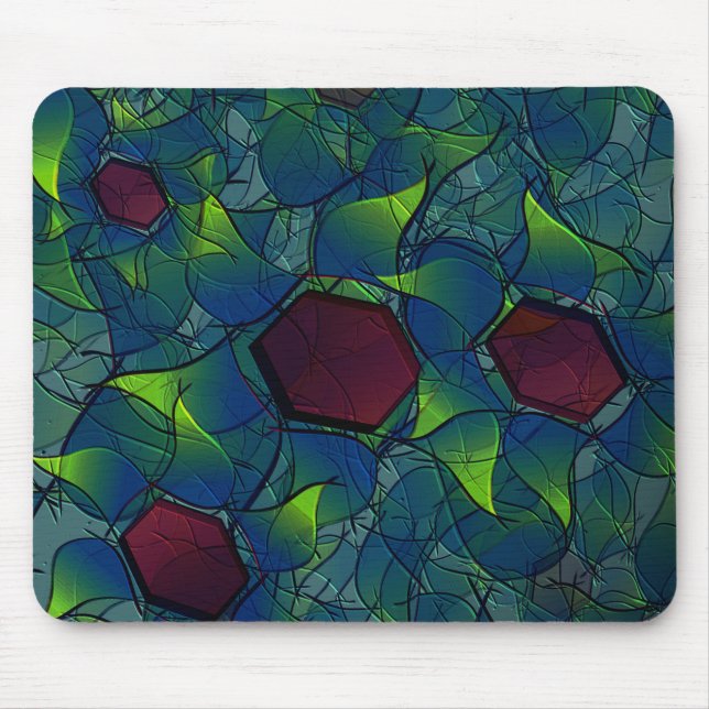 Blue notched virtual petals, leafy and red hexagon mouse pad (Front)