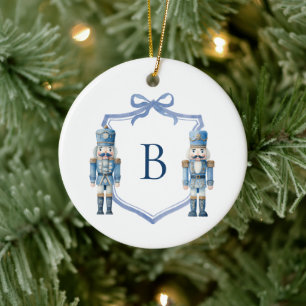 Blue Nutcracker Monogrammed Crest Christmas Ceramic Tree Decoration