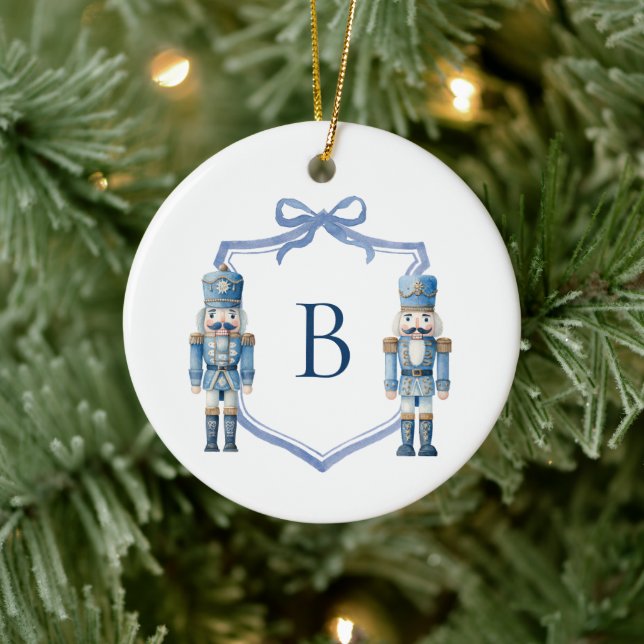 Blue Nutcracker Monogrammed Crest Christmas Ceramic Tree Decoration (Tree)