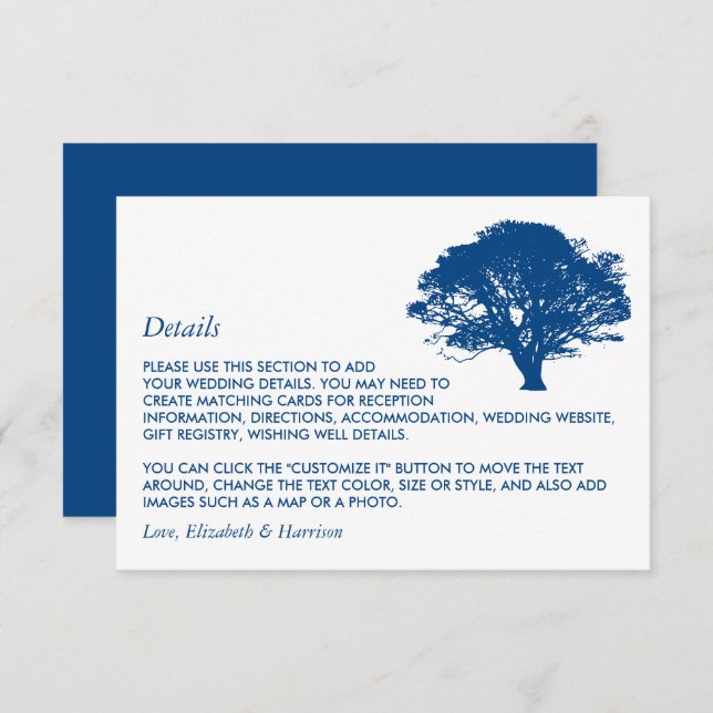 Blue Oak Tree, Rustic/Minimalistic Wedding Detail Enclosure Card (Front/Back)