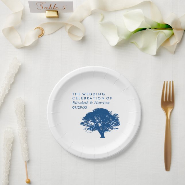 Blue Oak Tree, Rustic & Minimalistic Wedding Paper Plate (Wedding)