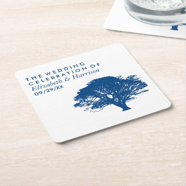 Blue Oak Tree, Rustic & Minimalistic Wedding Square Paper Coaster (Angled)