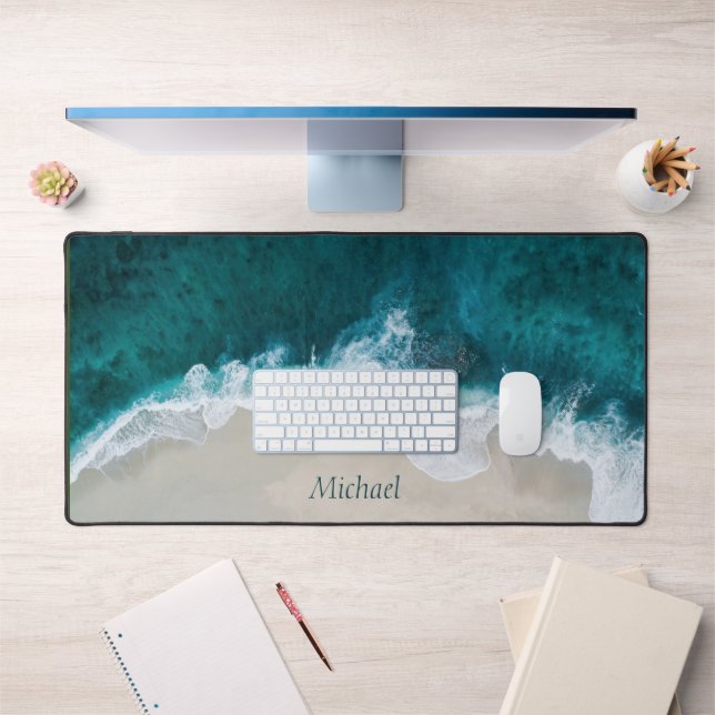 Blue ocean beach coastal initials desk mat (Office 1)
