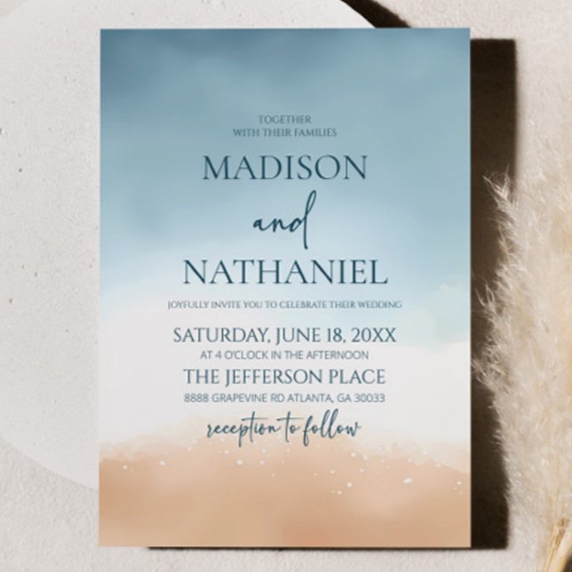 Blue Ocean Beach Shore Sand Wedding Invitation (Creator Uploaded)