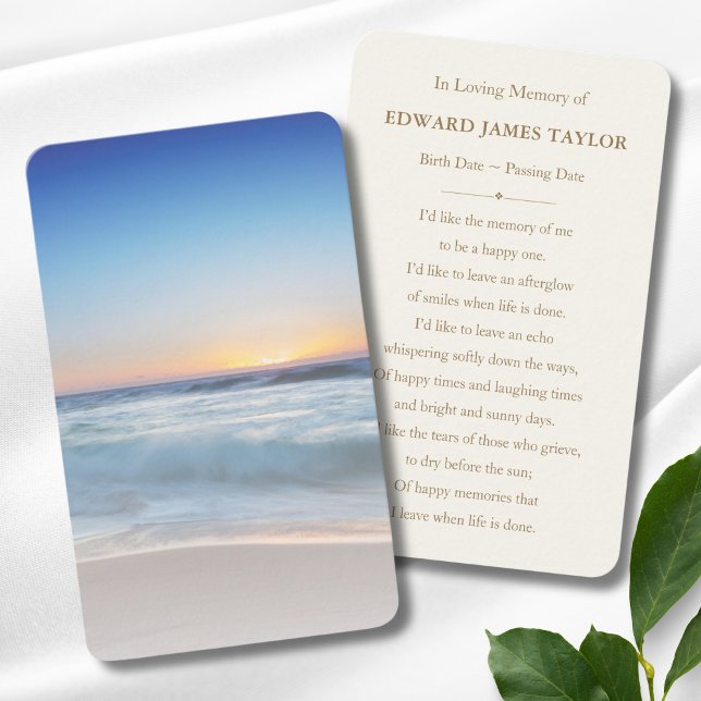 Blue Ocean Beach Sympathy Funeral Memorial Card (Beach Memorial Card)