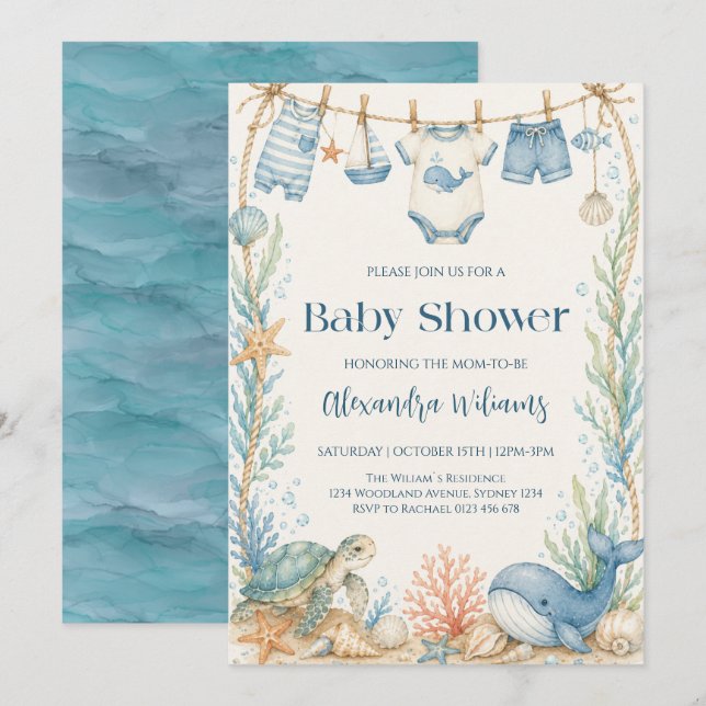 Blue Ocean Boy Baby Shower Party Invitation (Front/Back)