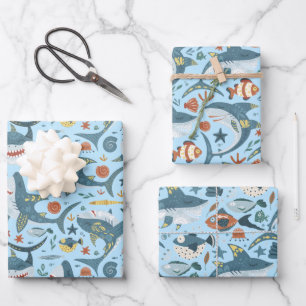 Blue Ocean Children Shark Boy Birthday Party Wrapping Paper Sheet