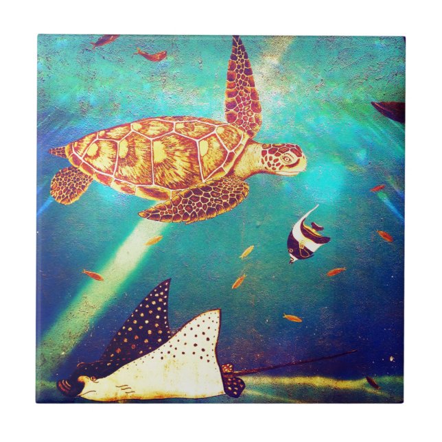 Blue Ocean Colourful Sea Turtle Painting Tile (Front)