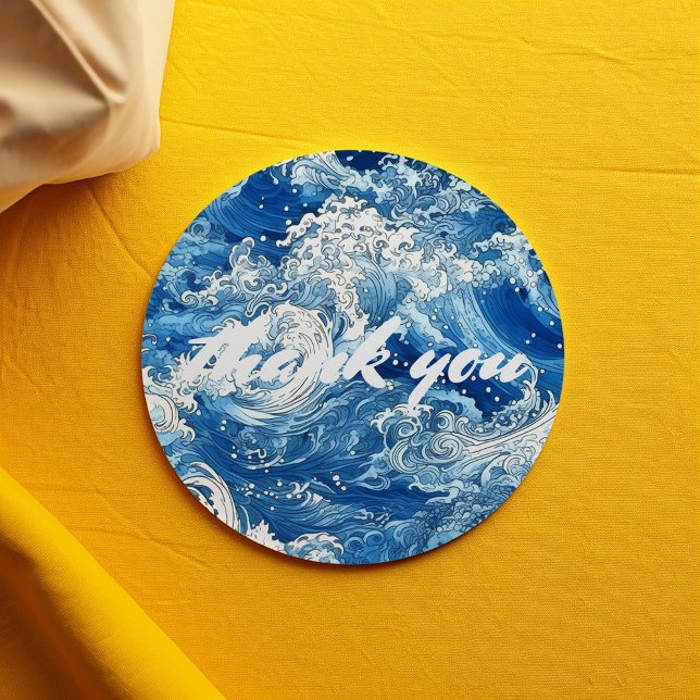 Blue ocean crashing waves thank you classic round sticker (Classic round stickers featuring a beautiful blue wave design.)