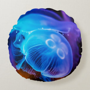 Blue ocean glowing jellyfish round pillow
