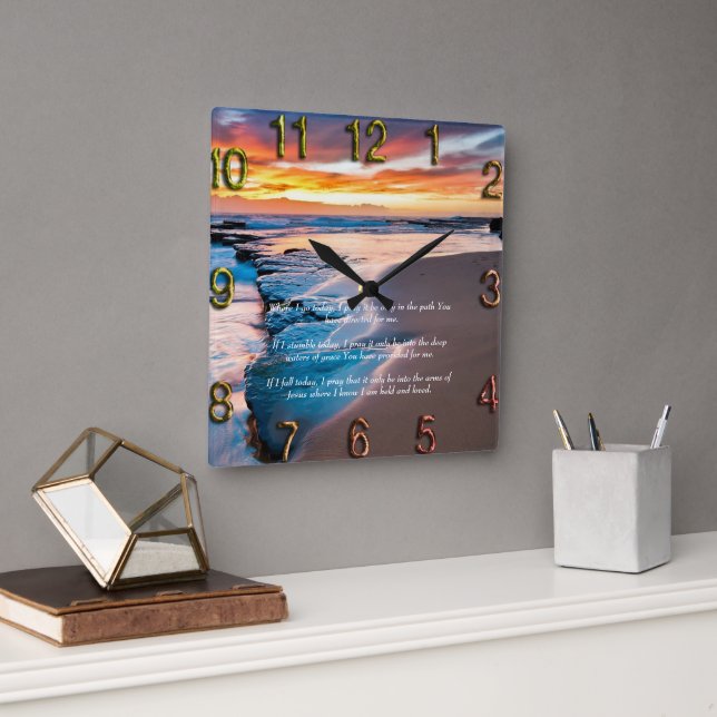 Blue Ocean Gold Christian Faith Square Wall Clock (Office)