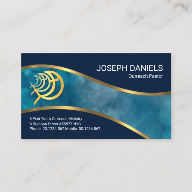 Blue Ocean Gold Ichthus Fish Wave Church Minister Business Card (Front)