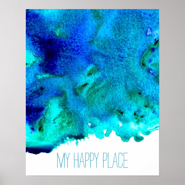 Blue ocean happy place quote watercolor art poster (Front)
