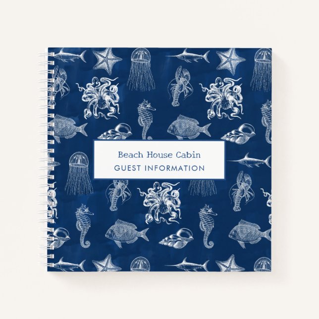 Blue Ocean Marine Animals Beach House Guest Info  Notebook (Front)