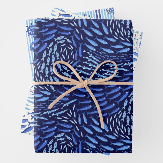Blue Ocean Nautical Set of Three  Wrapping Paper Sheet (In situ)