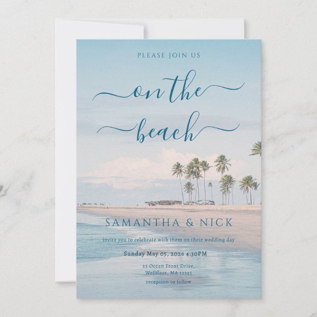 Blue Ocean Palm Tree Beach Wedding Invitation (Front)