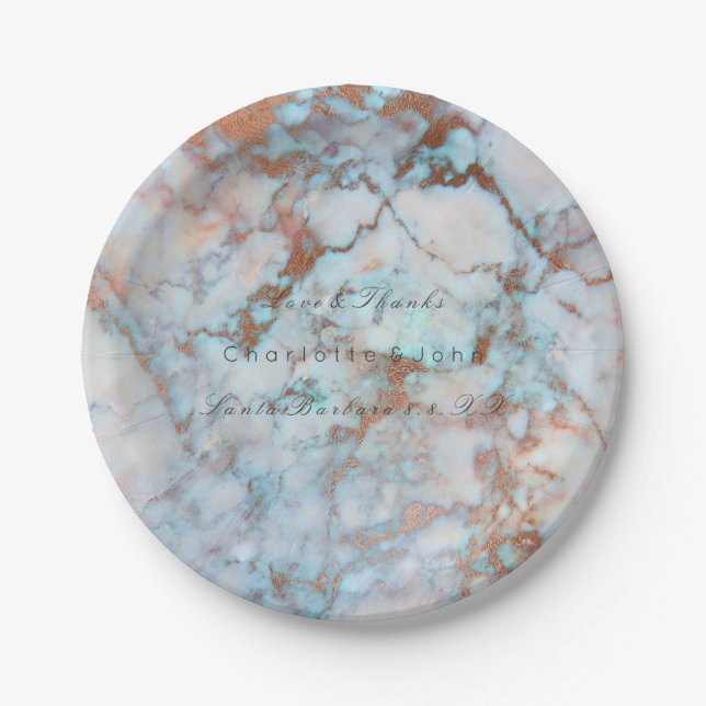 Blue Ocean Pink Brush Rose Gold Marble Wedding Vip Paper Plate (Front)
