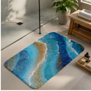 Blue Ocean Resin Art Turquoise Gold Flakes Bath Mat