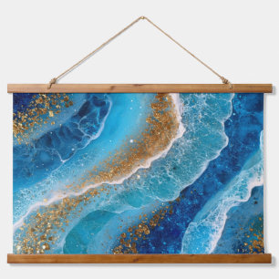 Blue Ocean Resin Art Turquoise Gold Flakes Hanging Tapestry