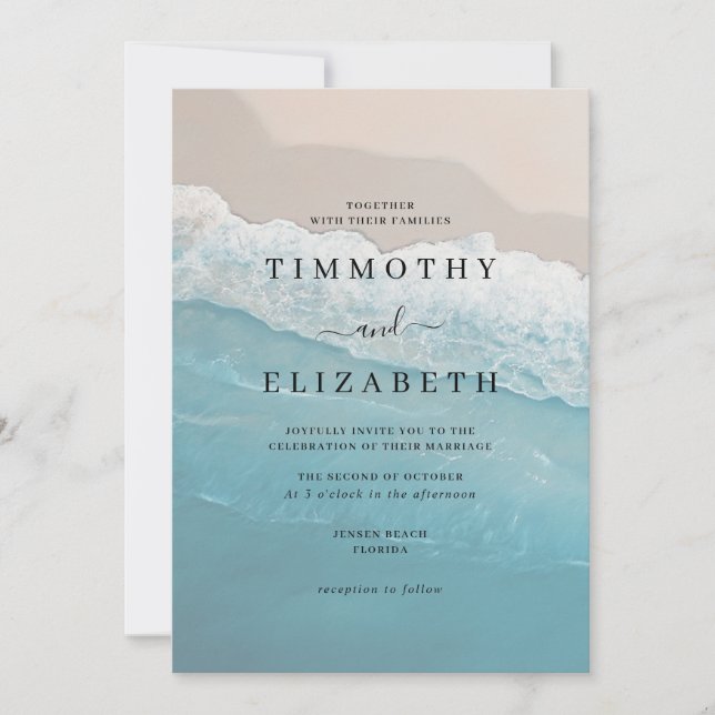 Blue Ocean Sand Beach Wedding Invitation (Front)