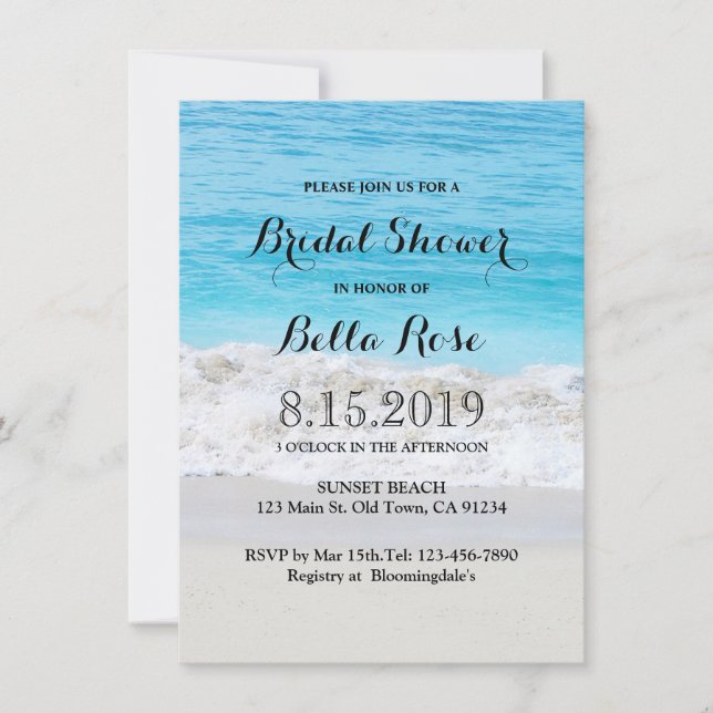 Blue Ocean Sand Wave Beach Bridal Shower Card (Front)
