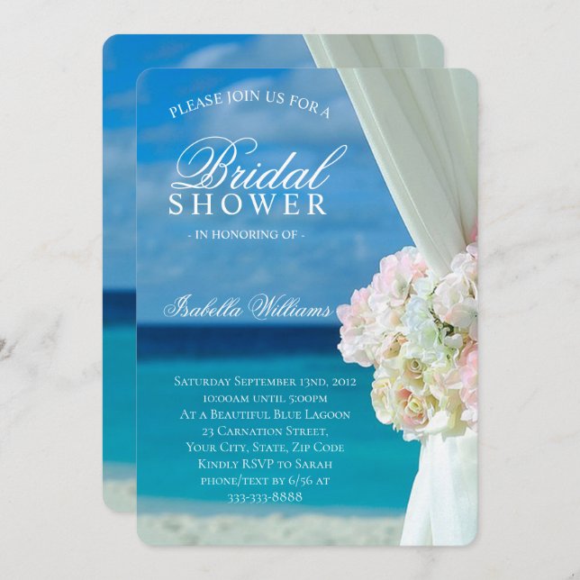 Blue Ocean & Sandy Beach Flowers Bridal Shower Invitation (Front/Back)