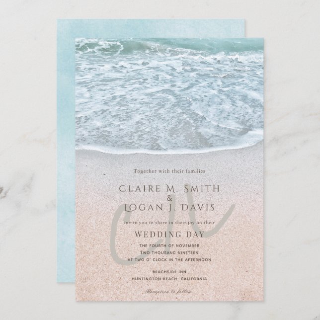 Blue Ocean & Sandy Beach Monogram Wedding Invitation (Front/Back)