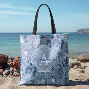 Blue Ocean Sea Life Coastal Beach Monogram Tote Bag