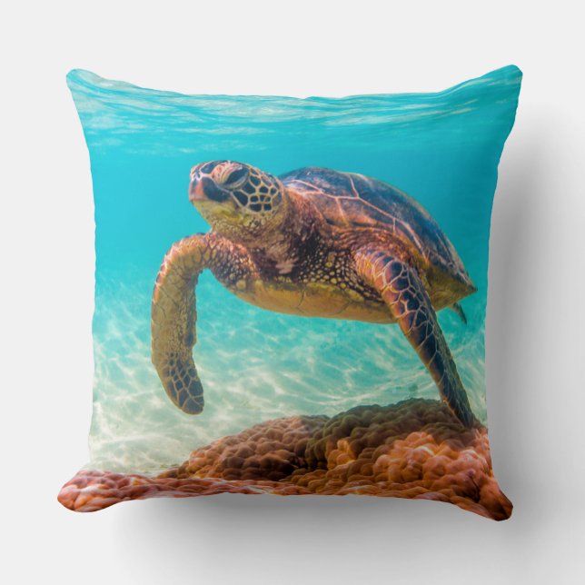 Blue ocean sea turtle coral throw pillow (Front)