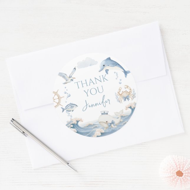 Blue Ocean Sea You Soon Baby Boy Shower Thank You Classic Round Sticker (Envelope)