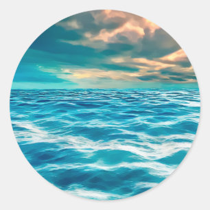 Blue Ocean Seascape Cloudy Sky Digital Painting   Classic Round Sticker