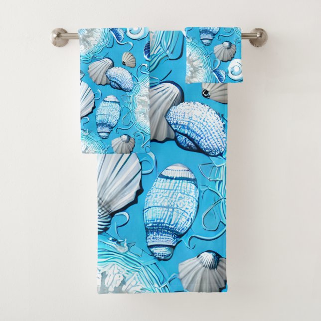 Blue Ocean Seashells Pattern  Bath Towel Set (Insitu)
