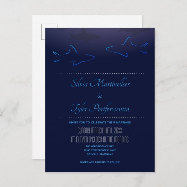 Blue Ocean Shark Wedding Invitation Postcard (Front/Back)