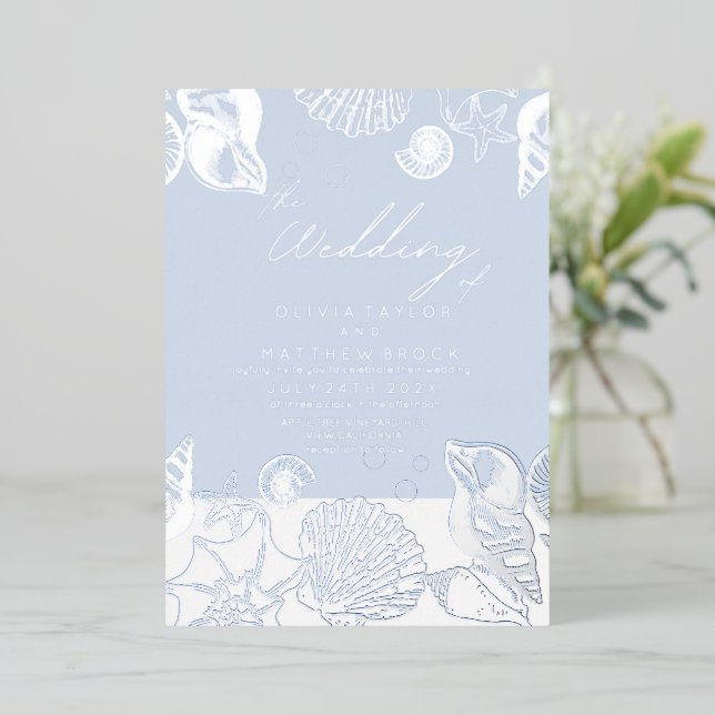 Blue Ocean Shells Real Foil Wedding Invitation (Standing Front)