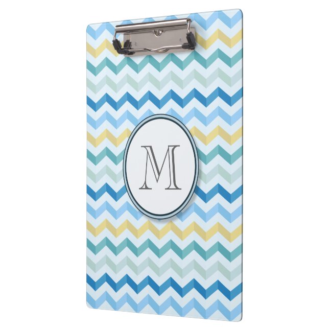 Blue Ocean Shore Chevron Stripes w/ Round Monogram Clipboard (Left)